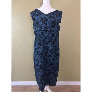 Lady De Couture Women's 3X Rosette Sheath Pin Up Dress Blue Black Floral Midi